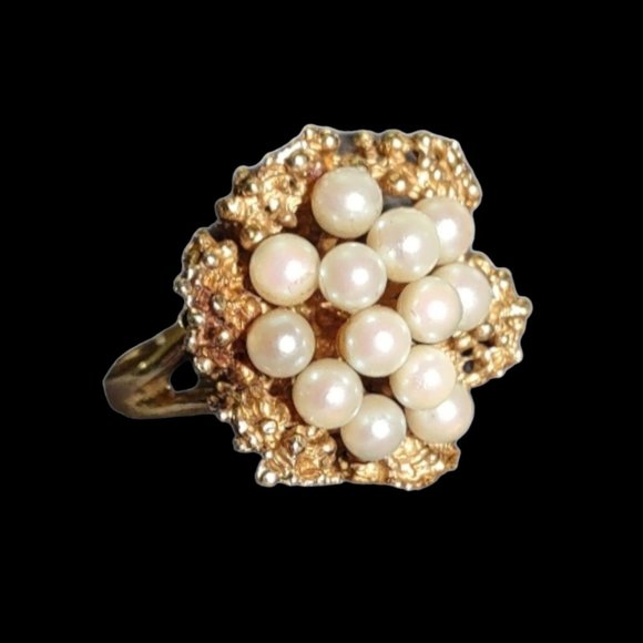 14K Yellow Gold Pearl Cluster Cocktail Ring - Picture 3 of 5